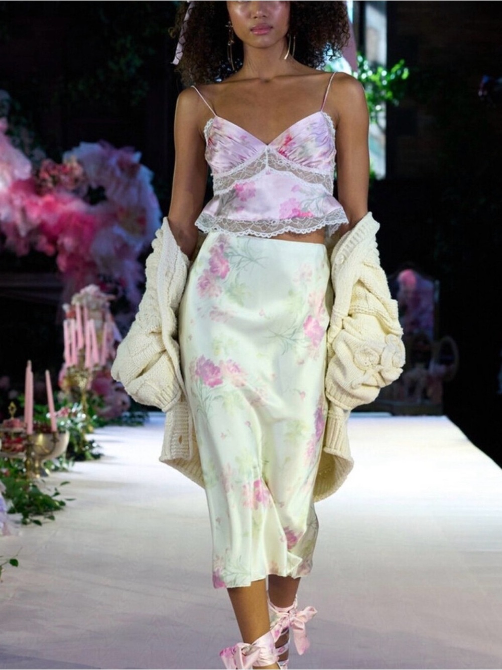 LoveShackFancy silk midi  Skirt with Pink & Green Floral Print